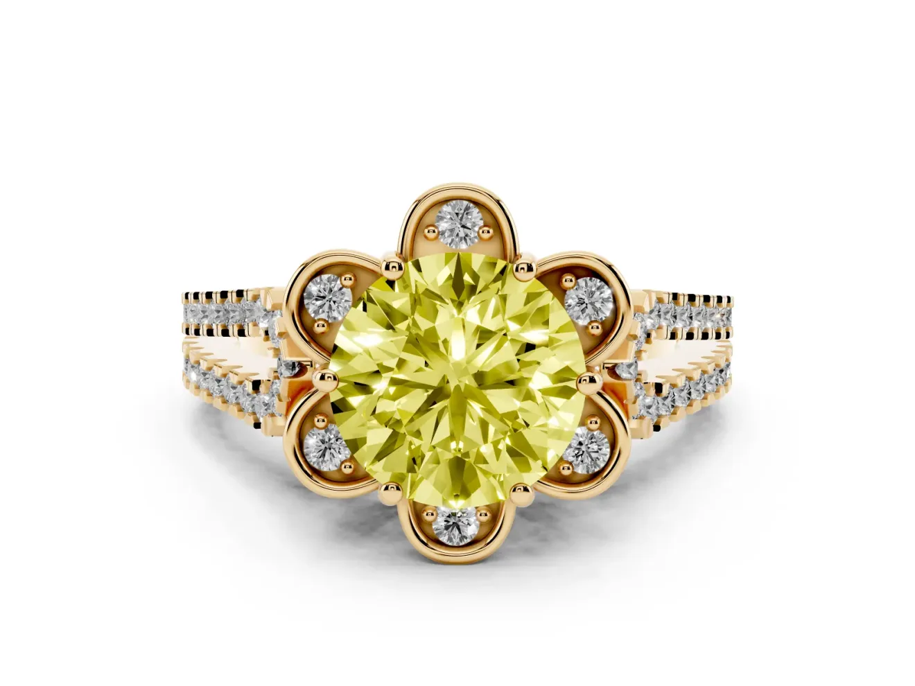 Round Floral Halo Engagement Ring Setting for a Fancy Yellow Lab-Grown Diamond | Pavé Split Shank | Yellow Gold