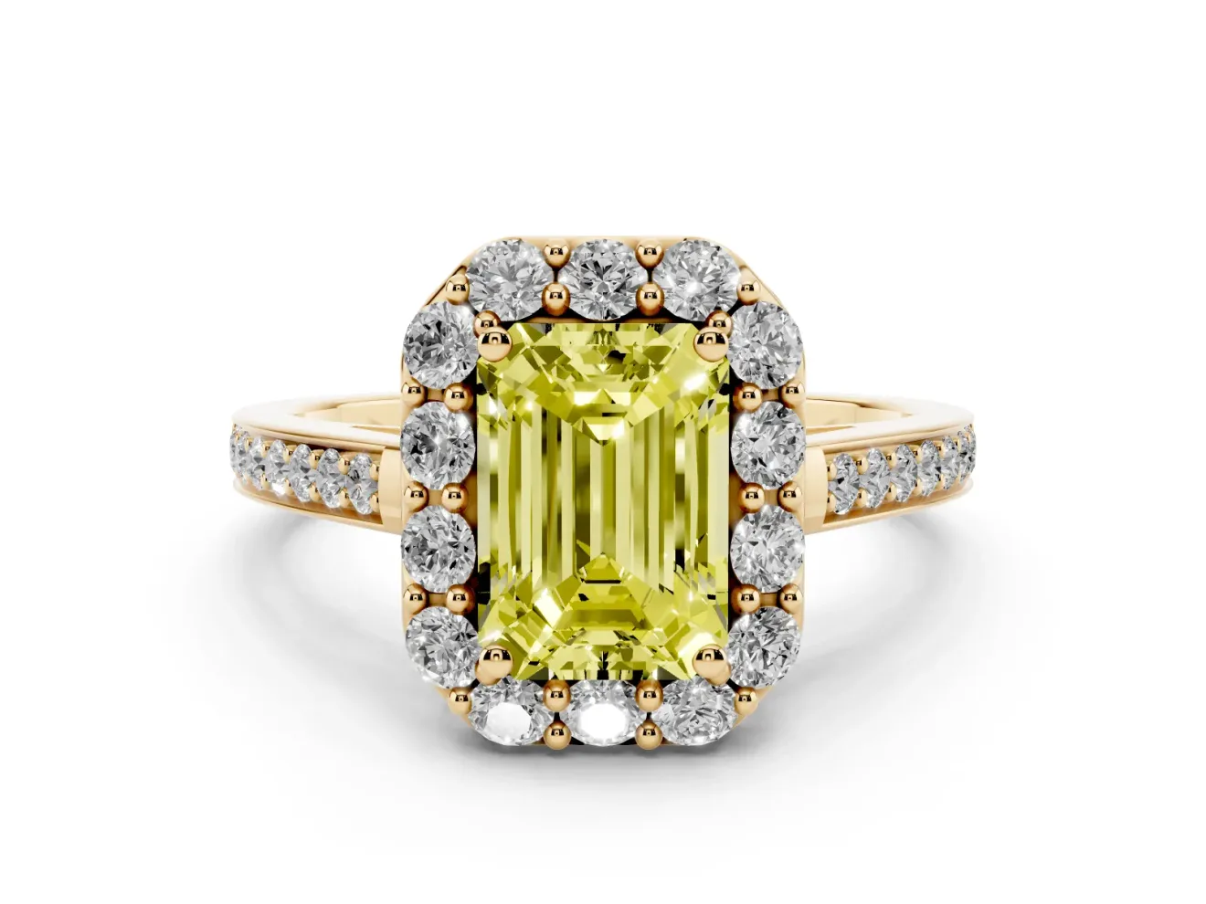 Emerald Cut Floral Halo Engagement Ring Setting for a Fancy Yellow Lab-Grown Diamond | Large Round Accents | Yellow Gold