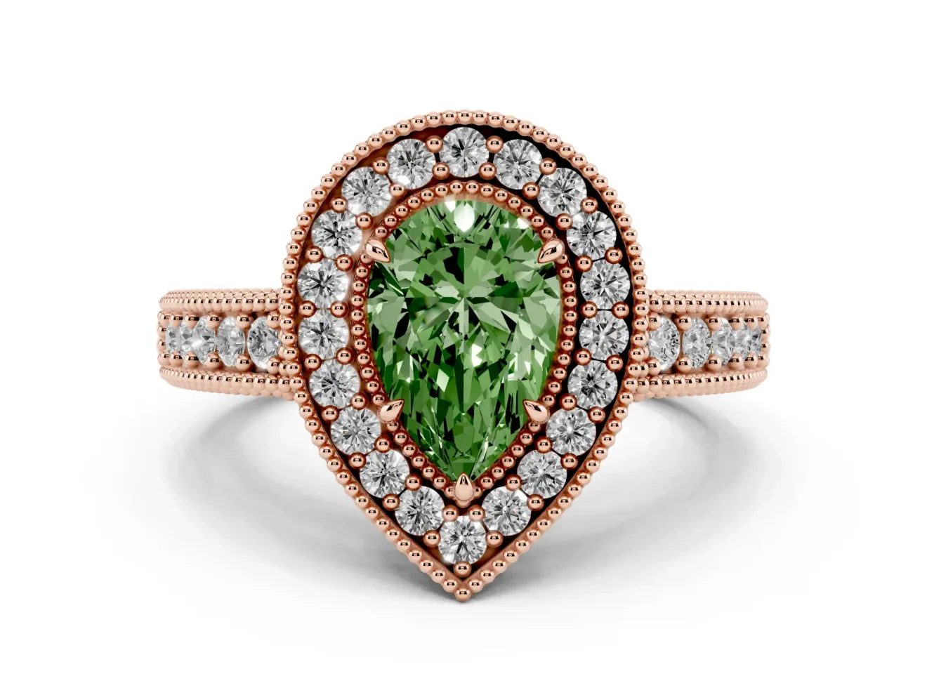 Fancy Green Pear Cut Diamond Halo Ring Set in Rose gold with Round Accent Halo, Pavé Band and Prong Setting