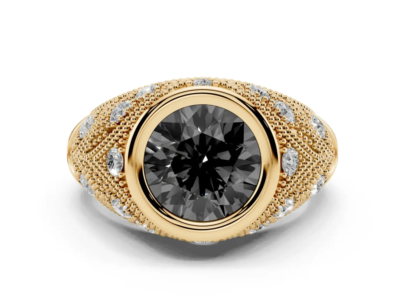 Fancy Black Round Cut Diamond Bezel Ring Set in Yellow gold with Milgrain Accent Band