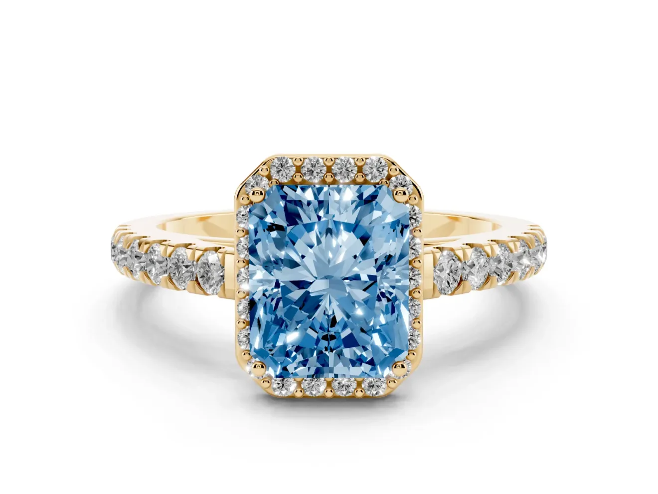 Fancy Blue Radiant Cut Diamond Halo Engagement Ring Set in Yellow gold with Pavé Band and Prong Setting