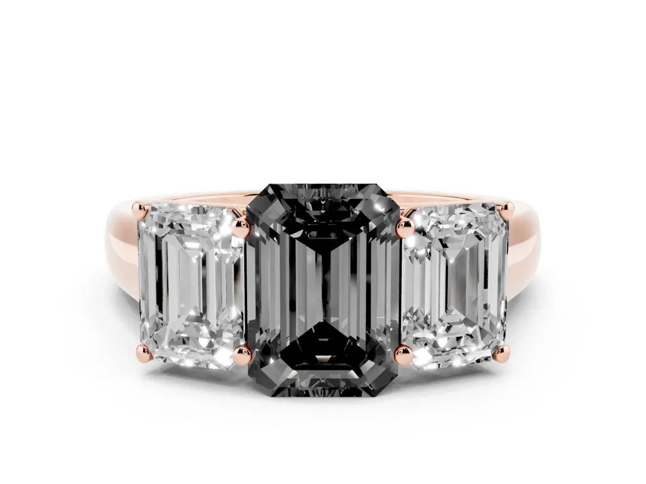 Emerald Cut Three Stone Engagement Ring Setting for a Black Center | Basket Prong Heads | Rose Gold
