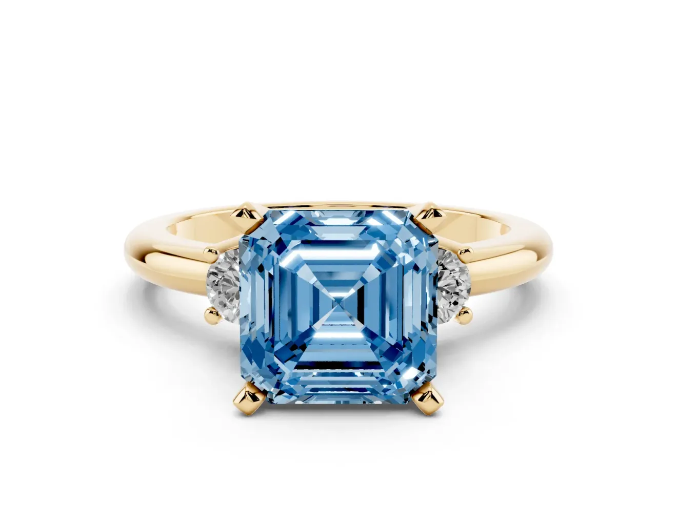 Asscher Cut Three Stone Engagement Ring Setting for a Fancy Blue Lab-Grown Diamond | Round Side Stones | Yellow Gold