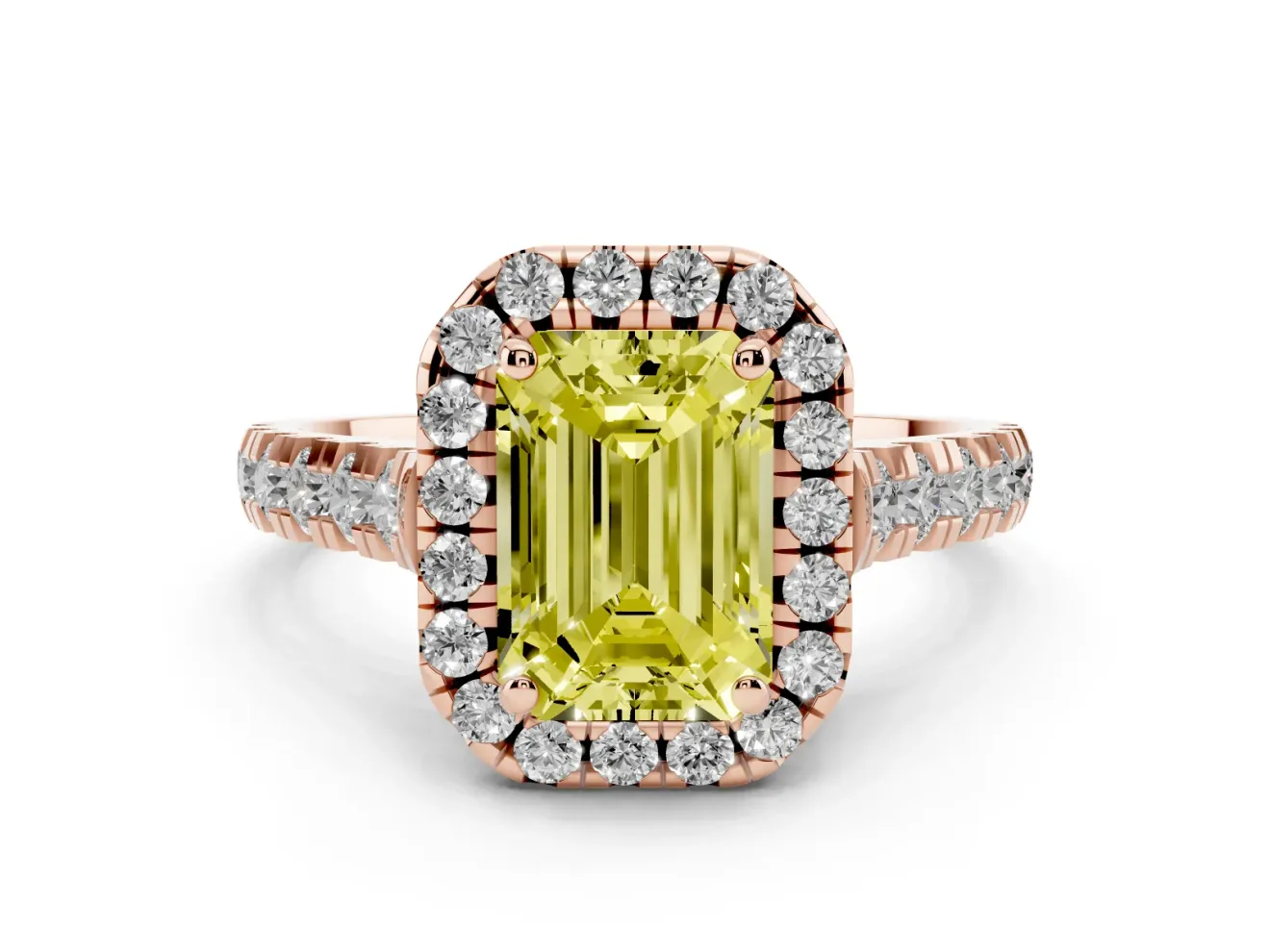 Emerald Cut Accented Halo Engagement Ring Setting for a Fancy Yellow Lab-Grown Diamond | Rose Gold