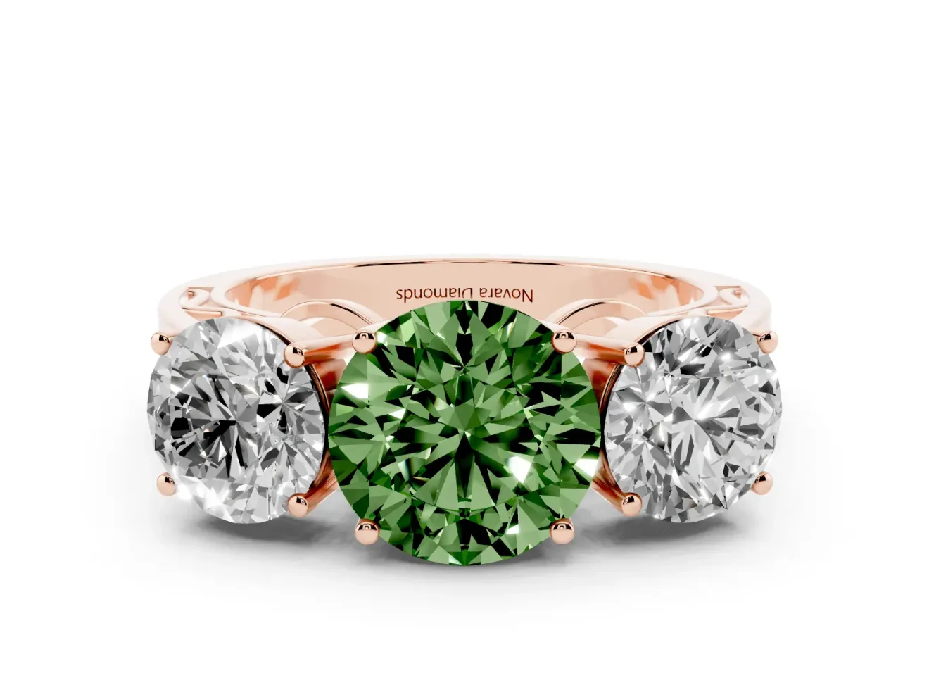 Round Engagement Ring Setting for a Fancy Green Lab-Grown Diamond | Three Stone | Rose Gold