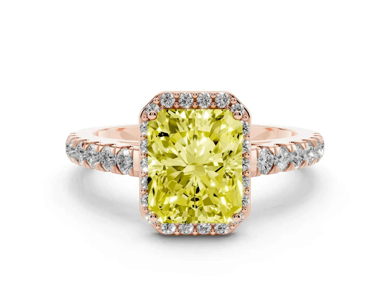 Fancy Yellow Radiant Cut Diamond Halo Engagement Ring Set in Rose gold with Pavé Band and Prong Setting