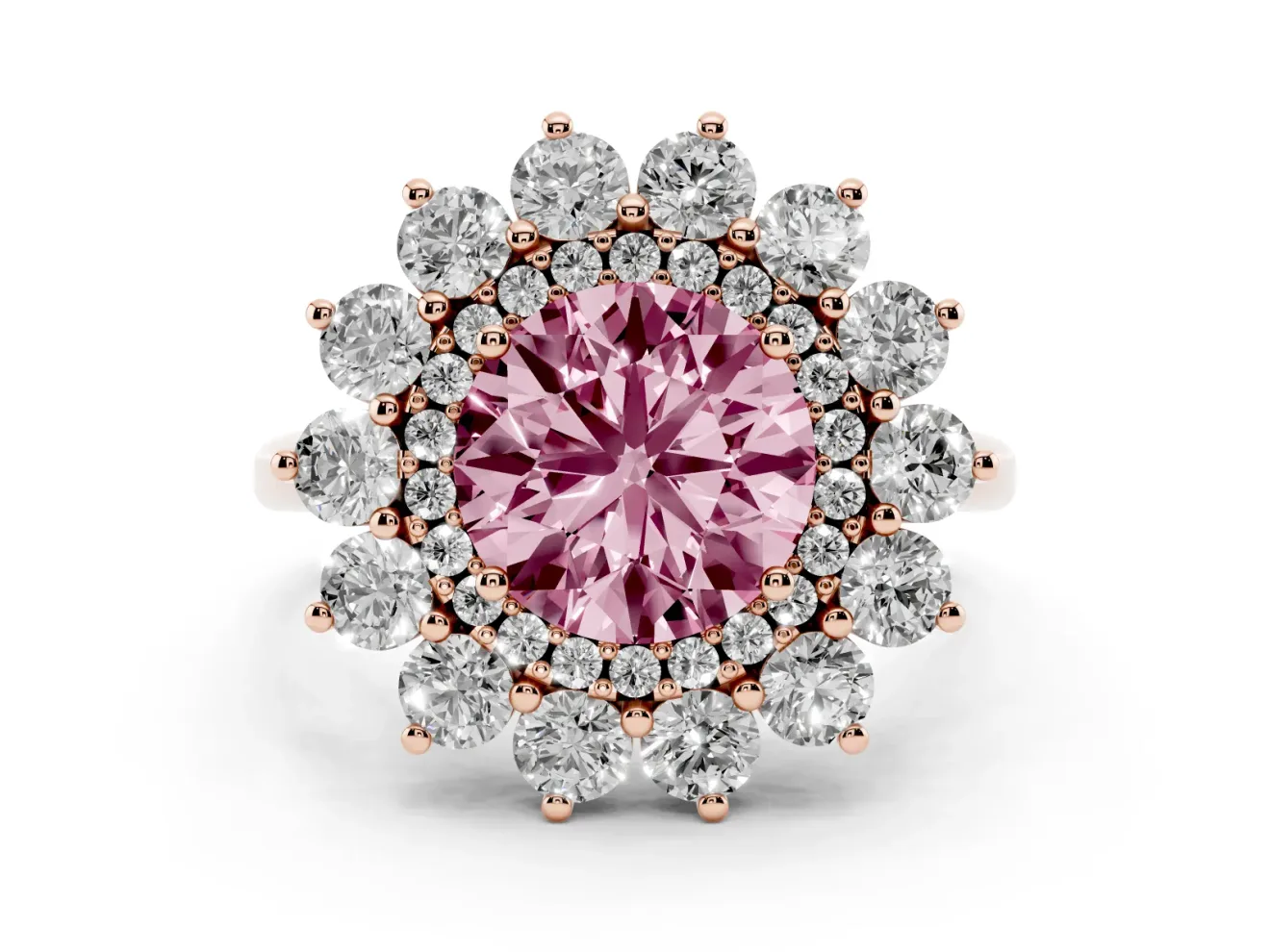 Round Floral Double Halo Engagement Ring Setting for a Fancy Pink Lab-Grown Diamond | Plain Band | Rose Gold