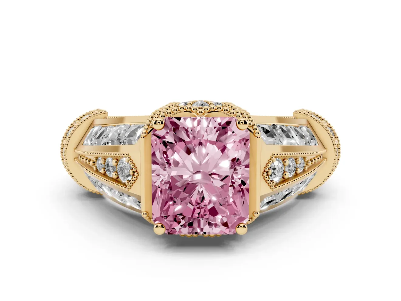 Fancy Pink Radiant Cut Diamond Vintage-Inspired Milgrain Ring Set in Yellow gold with Accent Split Shank