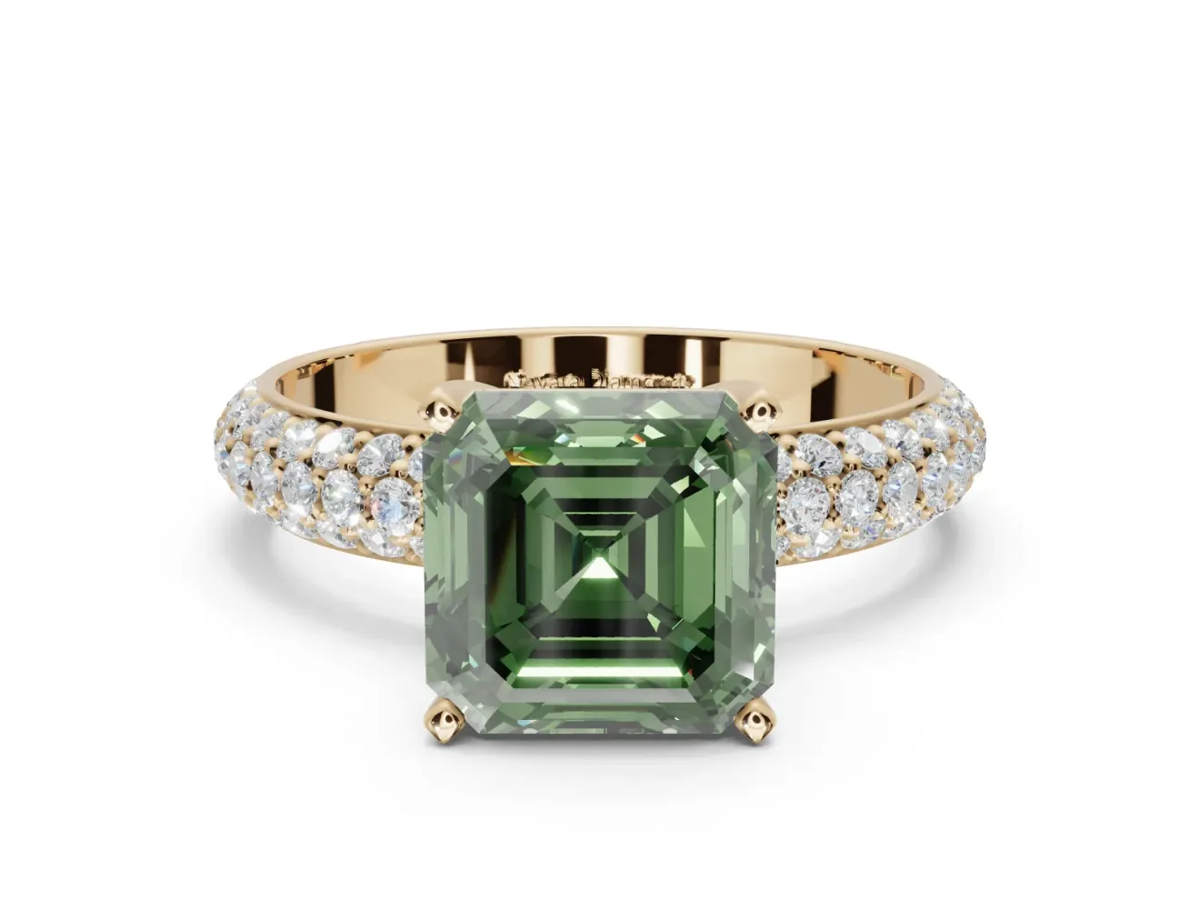 Asscher Cut Domed Pavé Engagement Ring Setting for a Fancy Green Lab-Grown Diamond | Yellow Gold