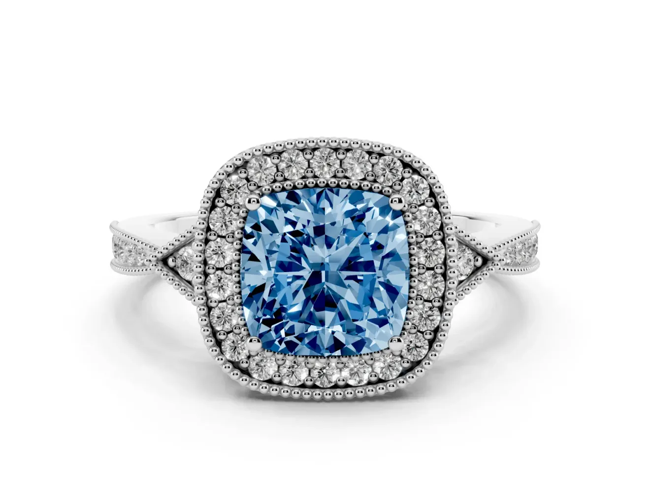 Fancy Blue Cushion Cut Diamond Halo Engagement Ring Set in Platinum with Milgrain Pavé Band