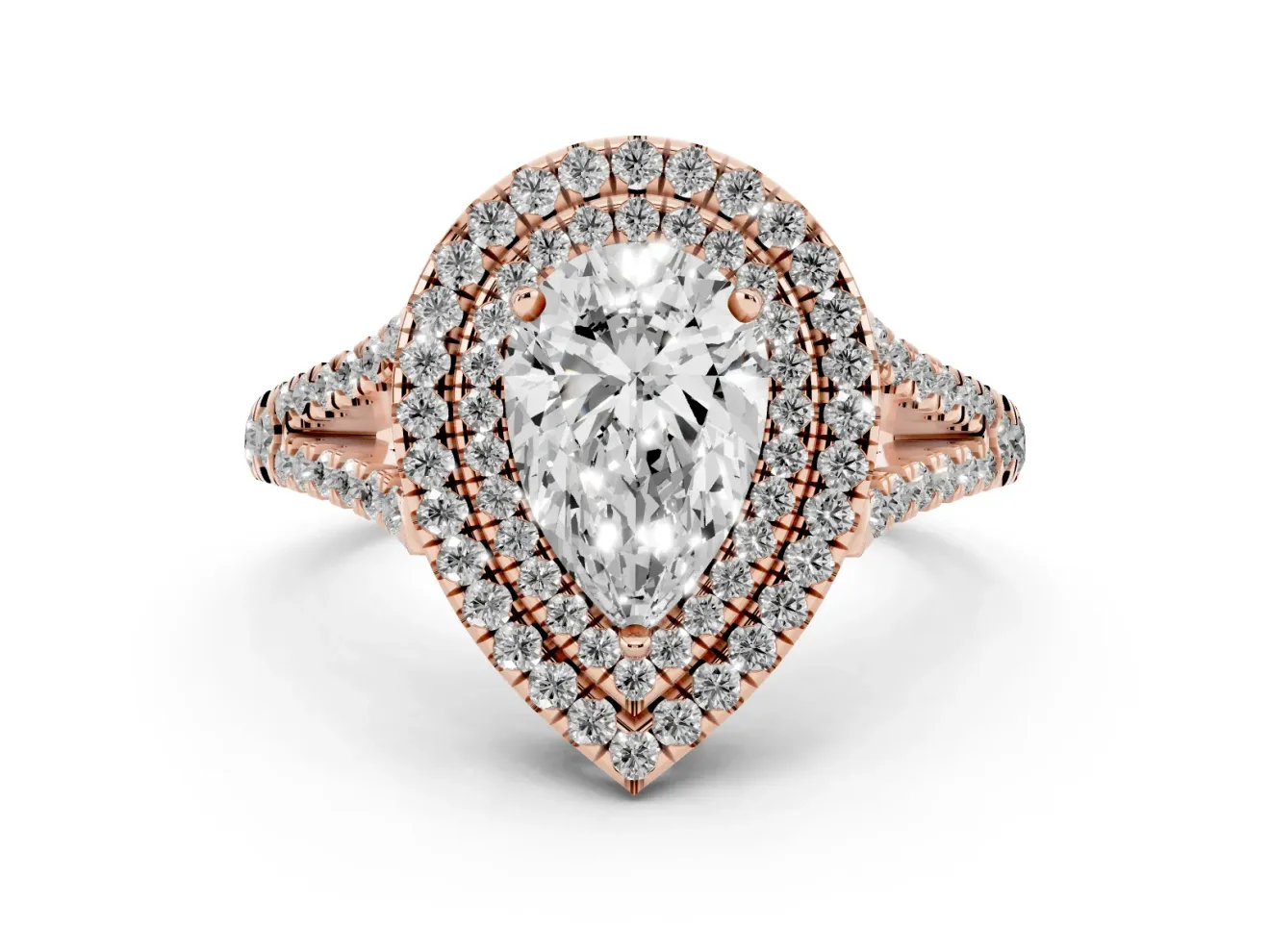 Pear-Shaped Double Halo Split Shank Engagement Ring Setting | Pavé Shoulders | Rose Gold