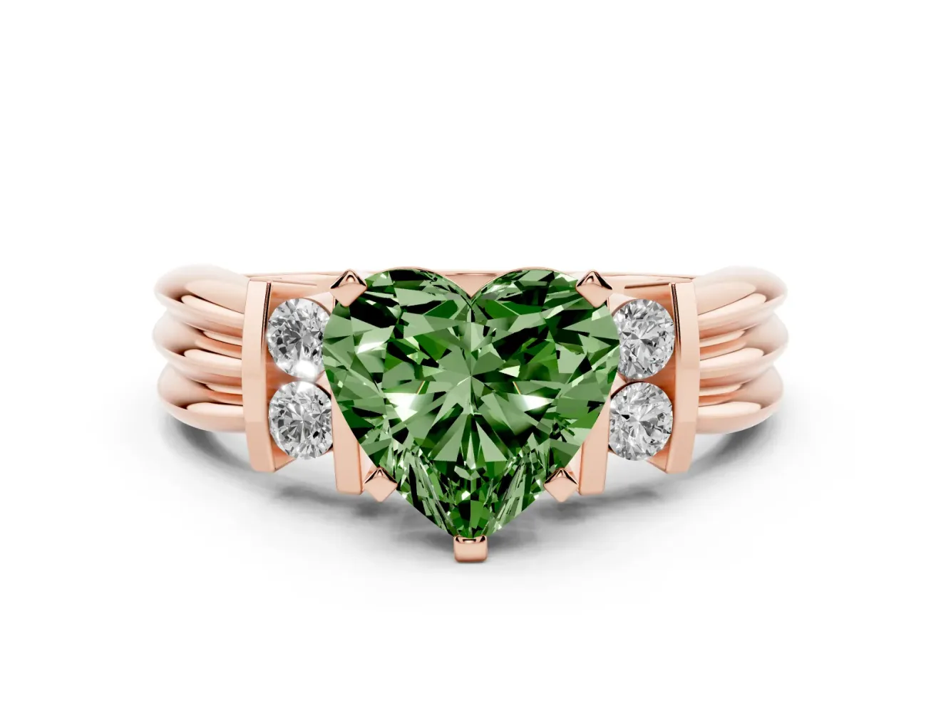Fancy Green Three-Stone Heart Cut Diamond Channel Set Ring Set in Rose gold with Bar Prongs