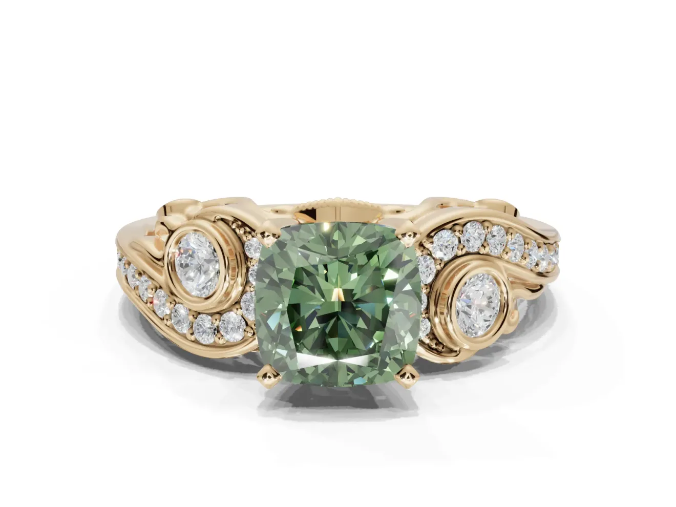 Cushion Cut Swirl Engagement Ring Setting for a Fancy Green Lab-Grown Diamond | Yellow Gold
