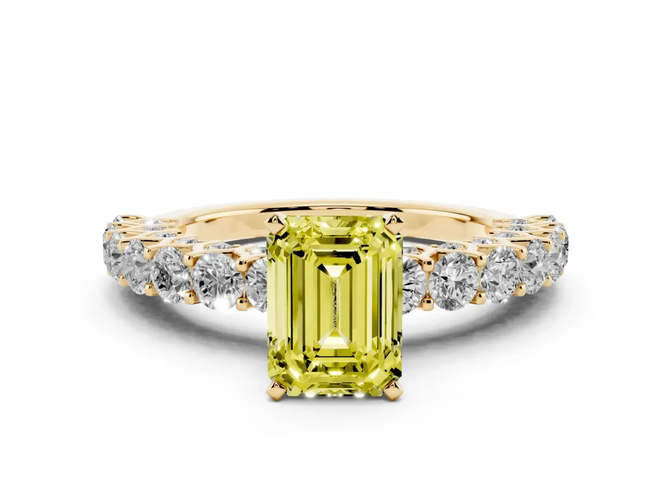 Emerald Cut Shared Prong Engagement Ring Setting for a Fancy Yellow Lab-Grown Diamond | Yellow Gold