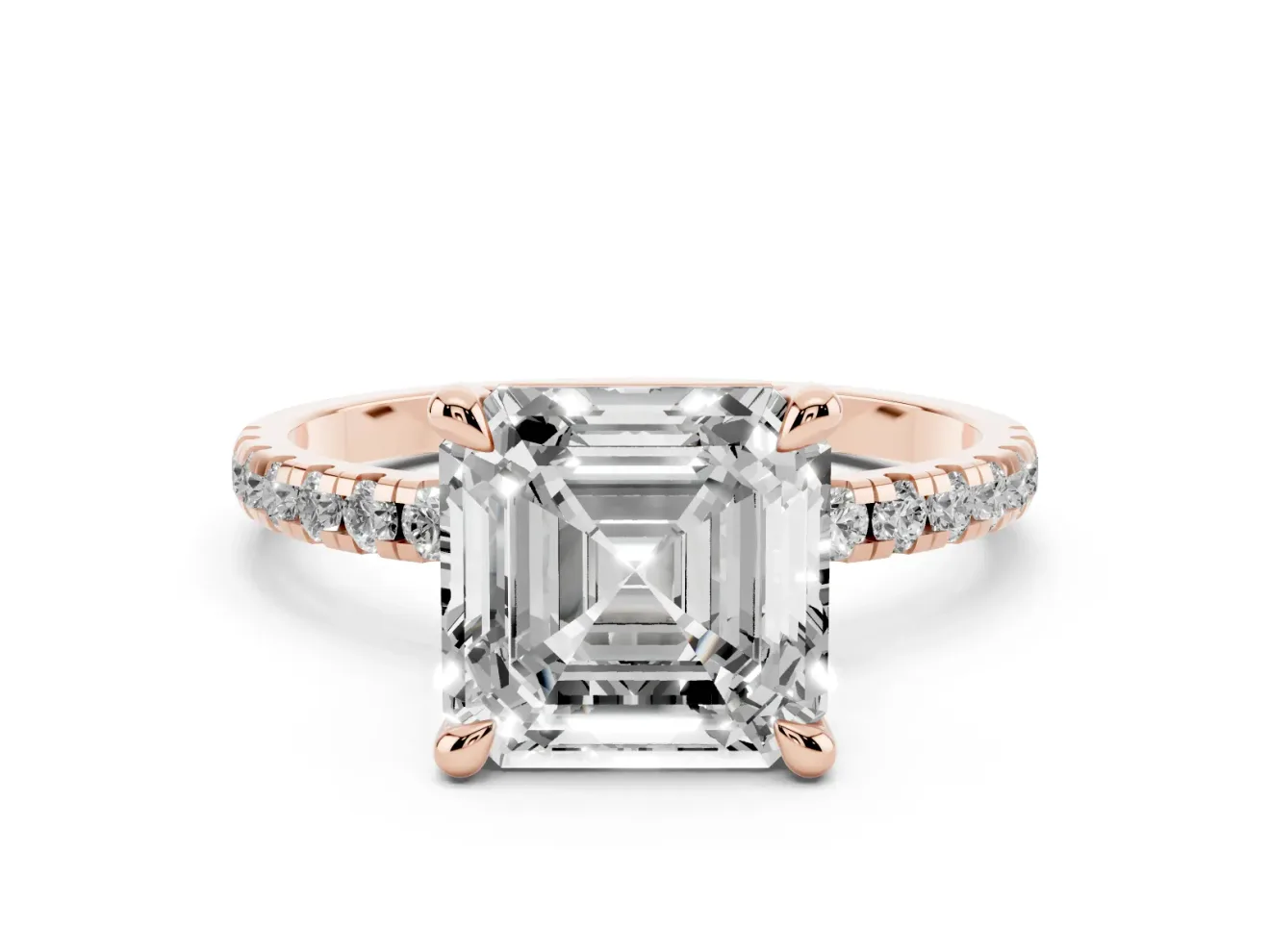 Asscher Cut Diamond Brilliant Solitaire Ring Set in Rose gold with Pavé Band and Prong Setting