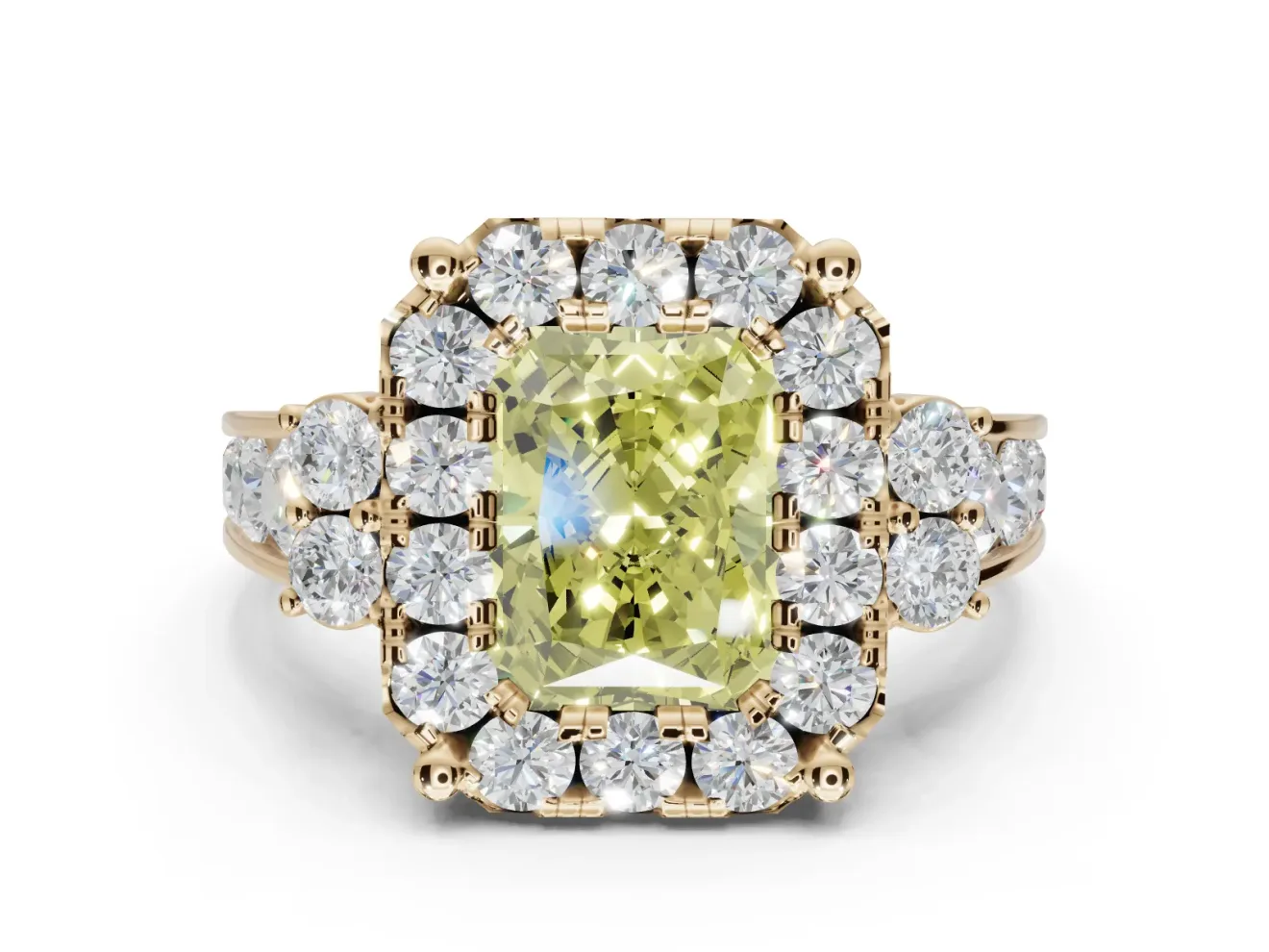 Radiant Cut Halo Engagement Ring Setting for a Fancy Yellow Lab-Grown Diamond | Graduated Channel Band | Yellow Gold
