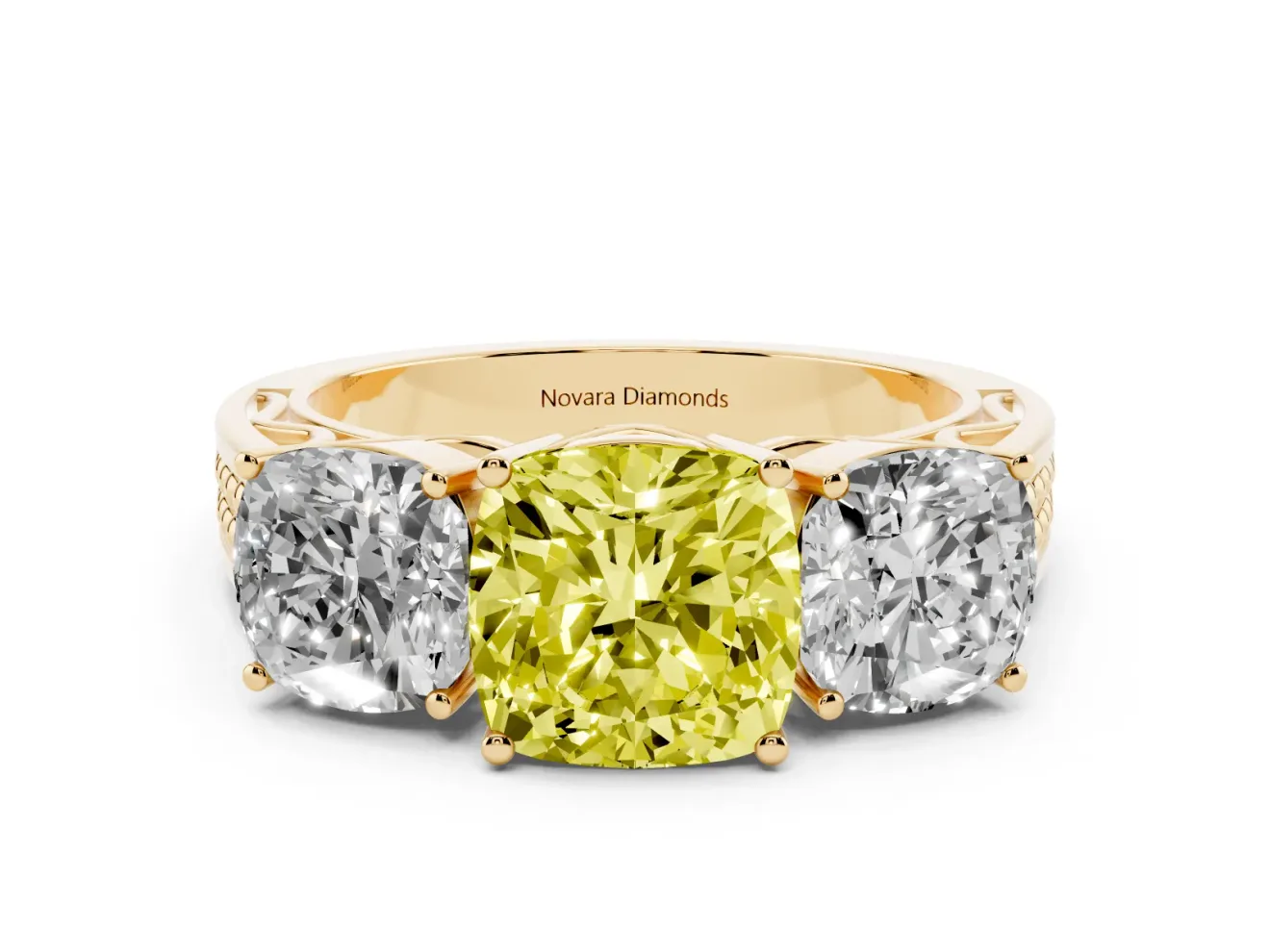 Cushion Cut Three Stone Engagement Ring Setting for a Fancy Yellow Lab-Grown Diamond | Beaded Shoulders | Yellow Gold