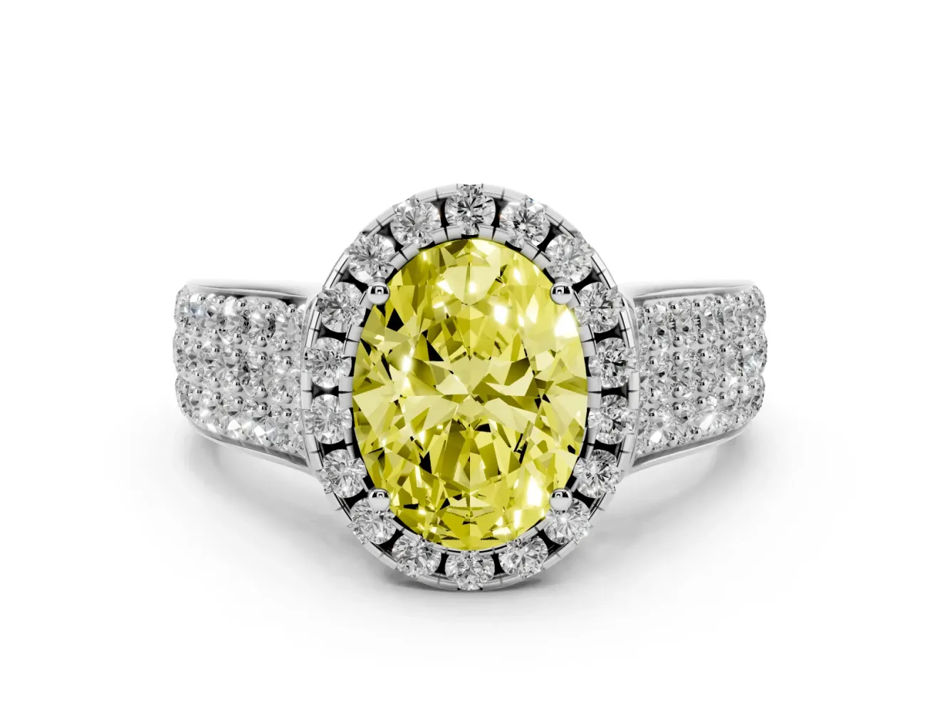 Fancy Yellow Oval Cut Diamond Halo Ring Set in White gold with Pavé Band and Raised Center Setting