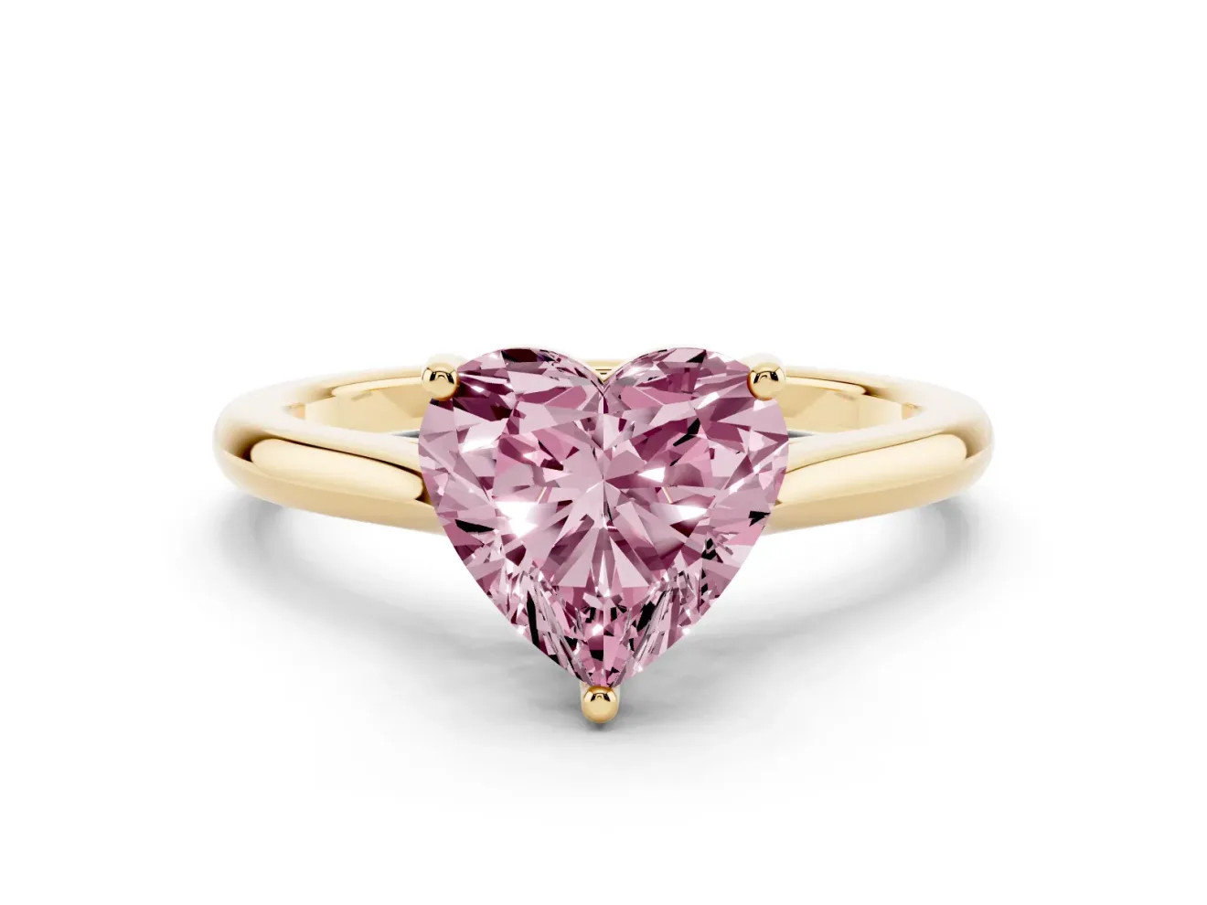 Fancy Pink Heart Cut Diamond Solitaire Ring Set in Yellow gold with Cathedral Band and Prong Setting