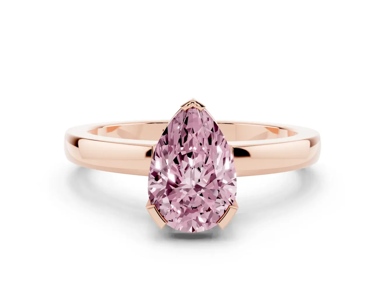 Fancy Pink Pear Cut Diamond Solitaire Ring Set in Rose gold with Prong Head and Smooth Polished Band