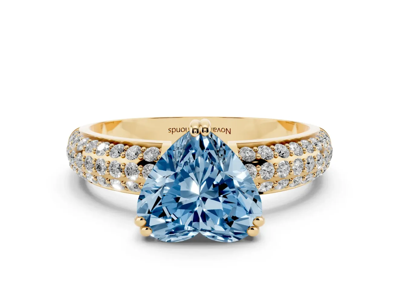 Heart-Shaped Three Row Pave Engagement Ring Setting for a Fancy Blue Lab-Grown Diamond | Yellow Gold