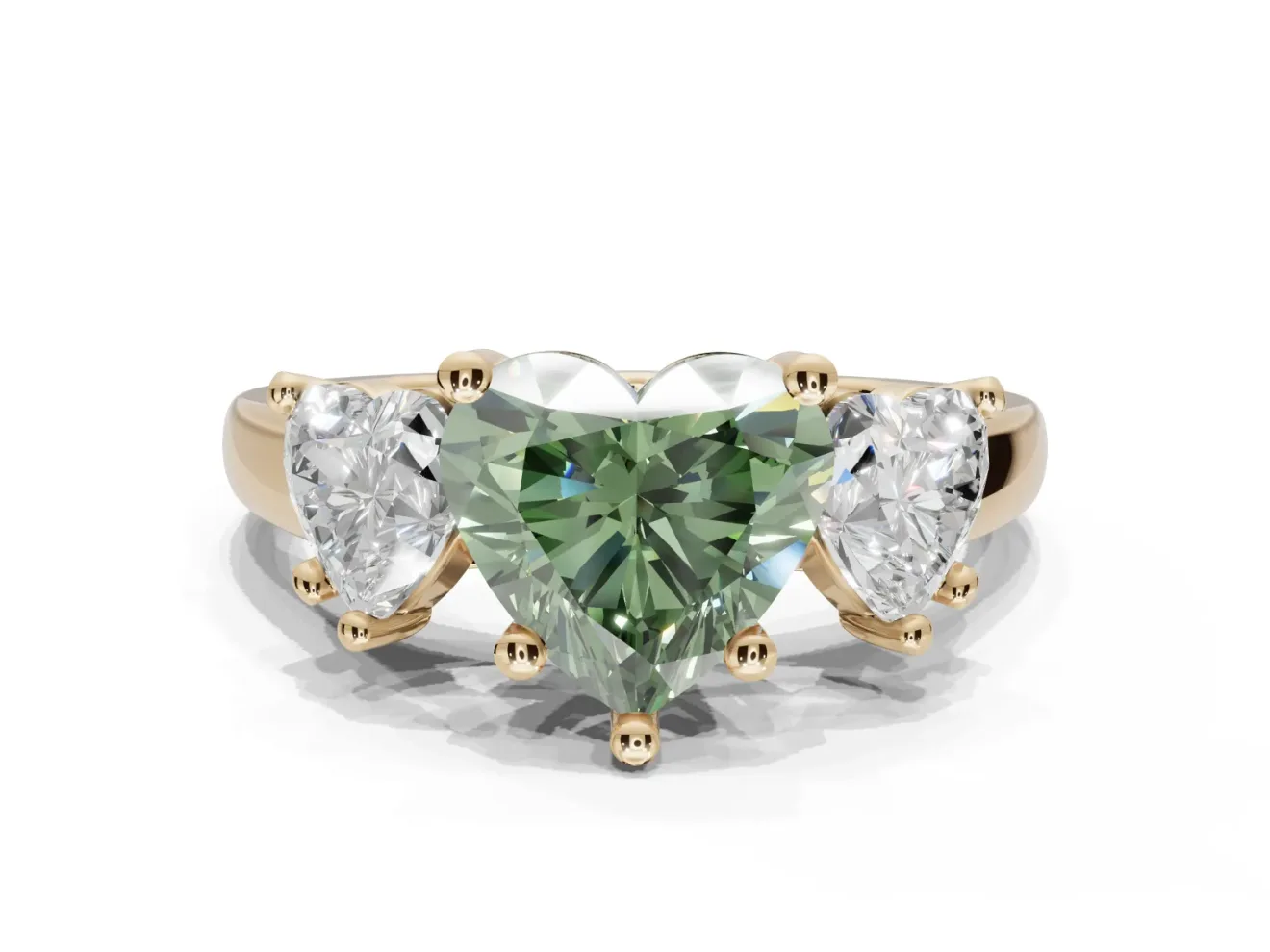 Heart-Shaped Three Stone Engagement Ring Setting for a Fancy Green Lab-Grown Diamond | Tapered Band | Yellow Gold