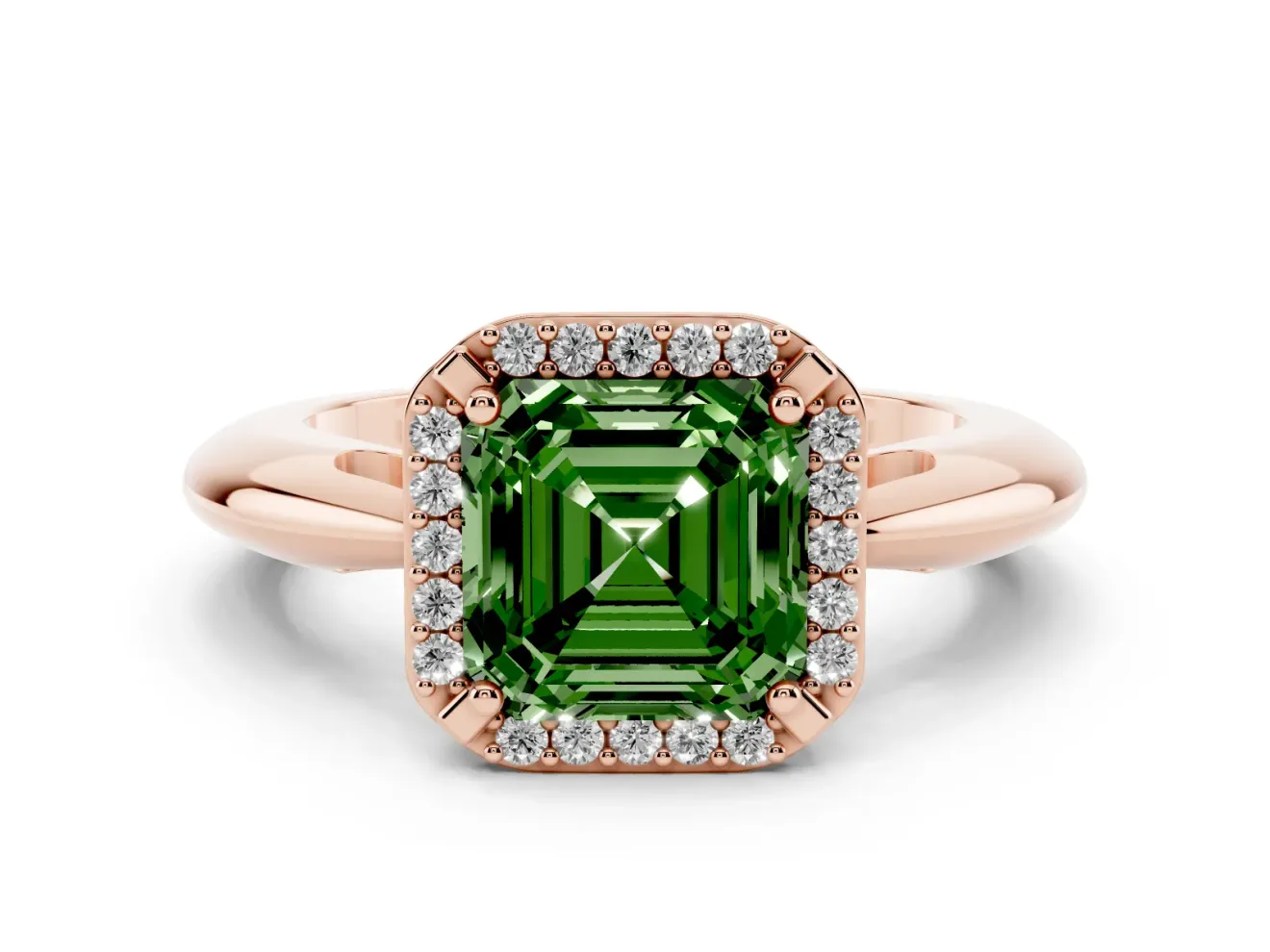 Fancy Green Asscher Cut Diamond Halo Engagement Ring Set in Rose gold with Plain Split Shank and Prong Setting