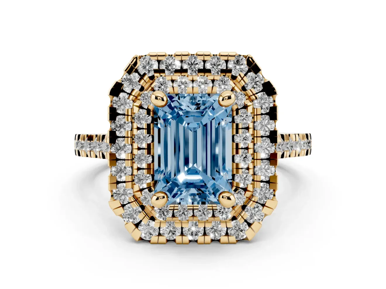 Emerald Cut Double Halo Engagement Ring Setting for a Fancy Blue Lab-Grown Diamond | Pave Shoulders | Yellow Gold