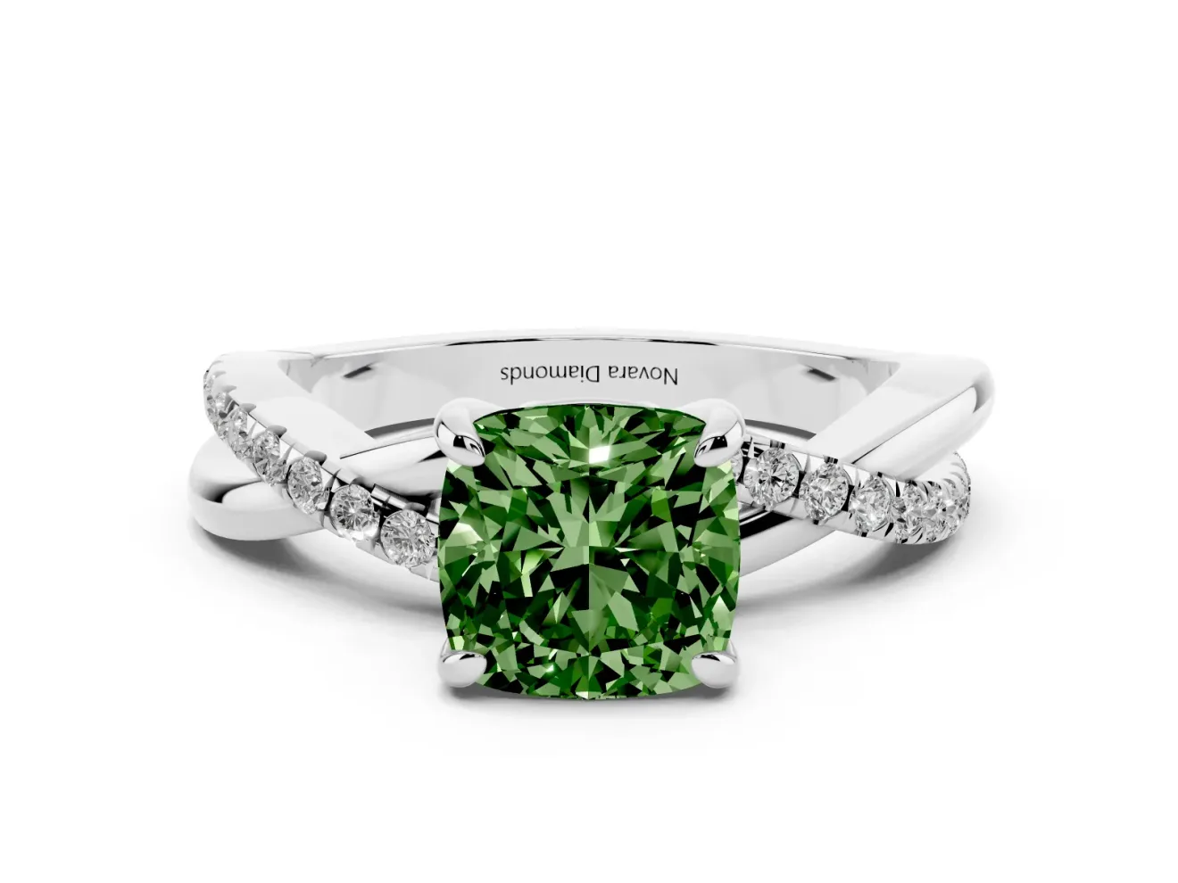 Fancy Green Cushion Cut Diamond Twist Band Solitaire Set in Silver with Pavé Accents and Prong Setting