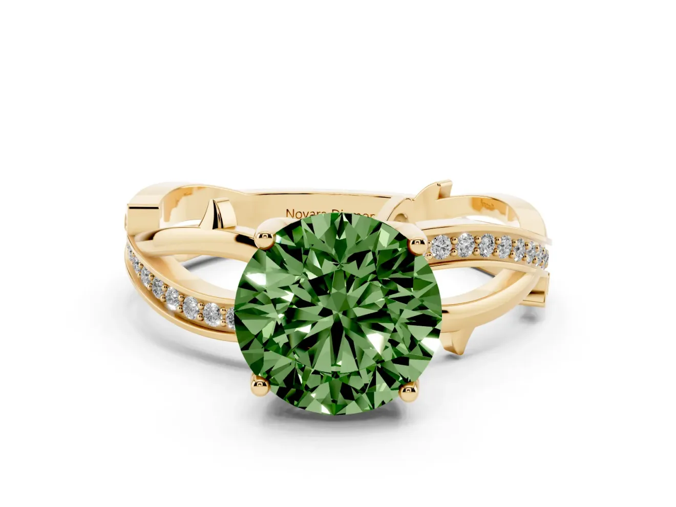 Fancy Green Round Cut Diamond Pavé Twist Band Solitaire Ring Set in Yellow gold with Prong Setting