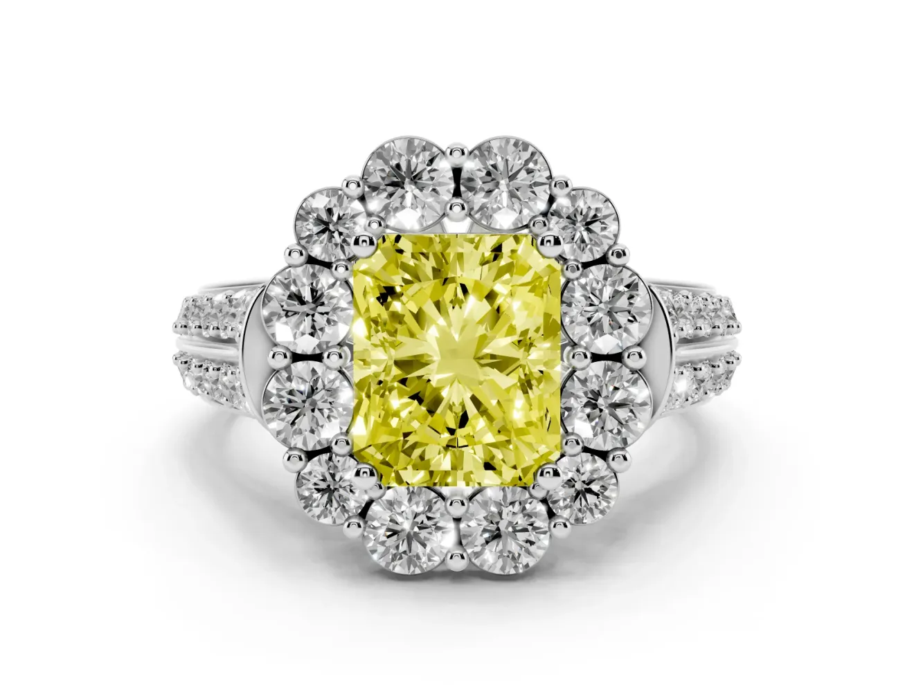 Fancy Yellow Radiant Cut Diamond Halo Engagement Ring Set in Silver with Split Shank and Prong Setting
