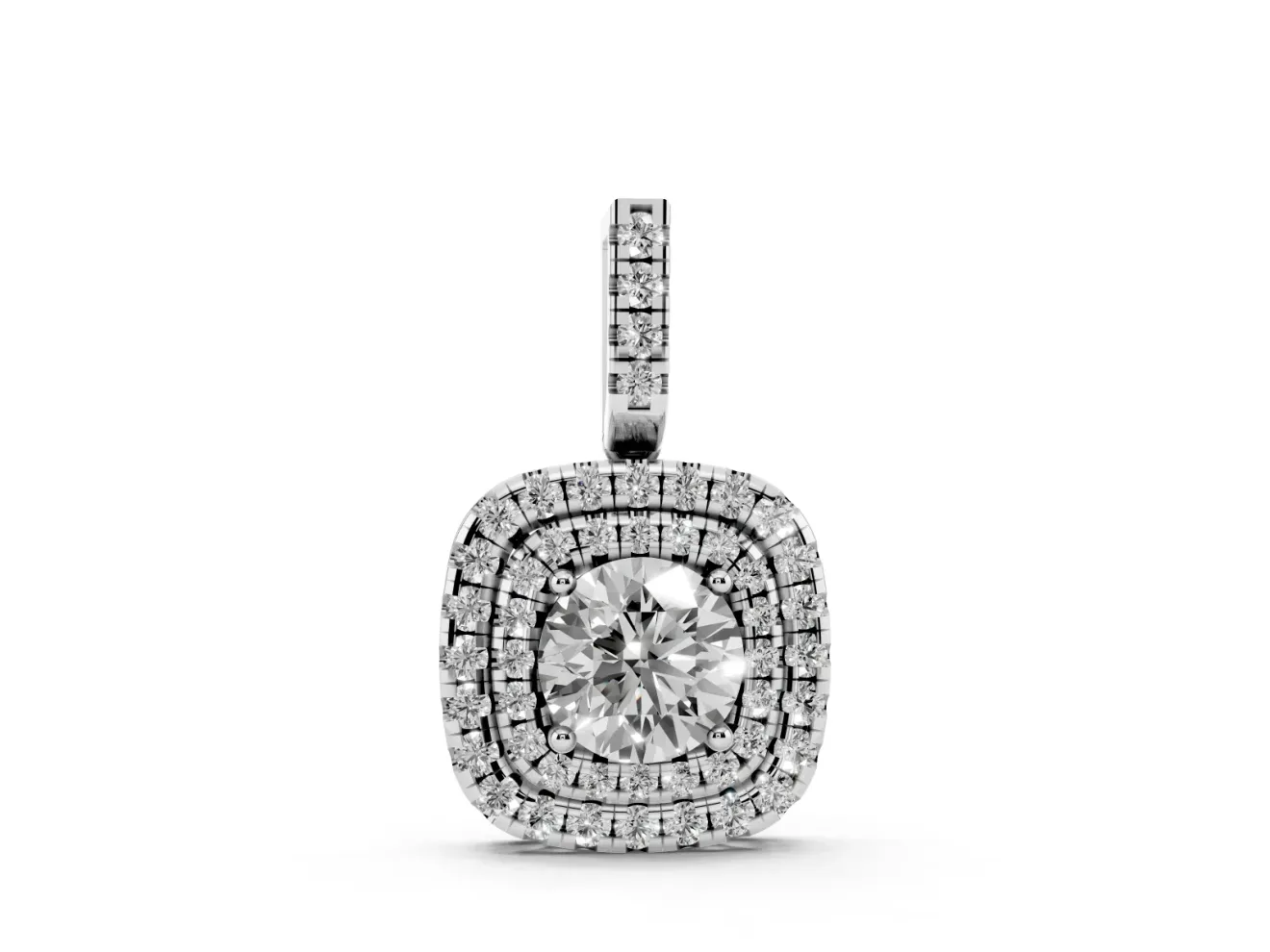 Round Lab-Grown Diamond Cushion Double Halo Pendant Necklace | Pavé Bail | White Gold