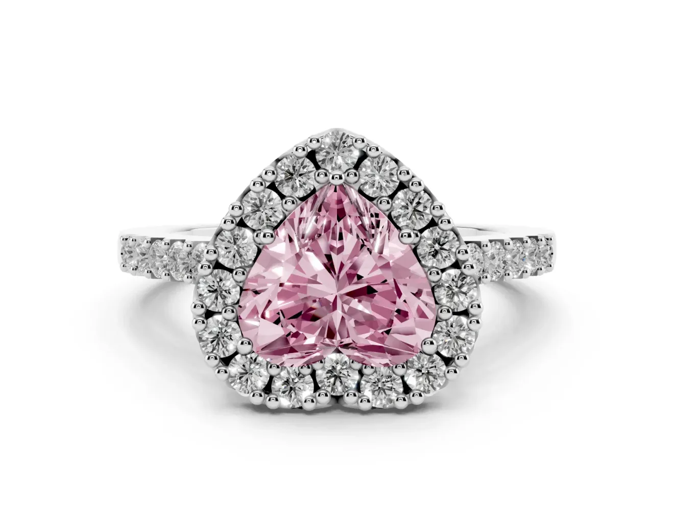 Fancy Pink Heart Cut Diamond Halo Pavé Solitaire Ring Set in White gold with Prong-Set Center Stone