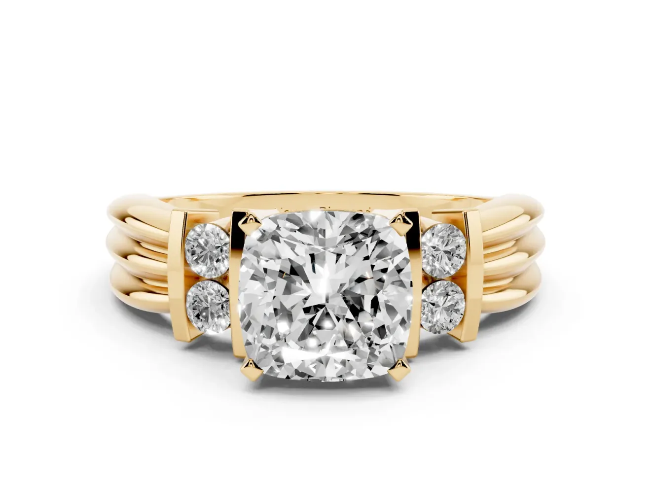 Three-Stone Cushion Cut Diamond Channel Set Ring Set in Yellow gold with Bar Prongs