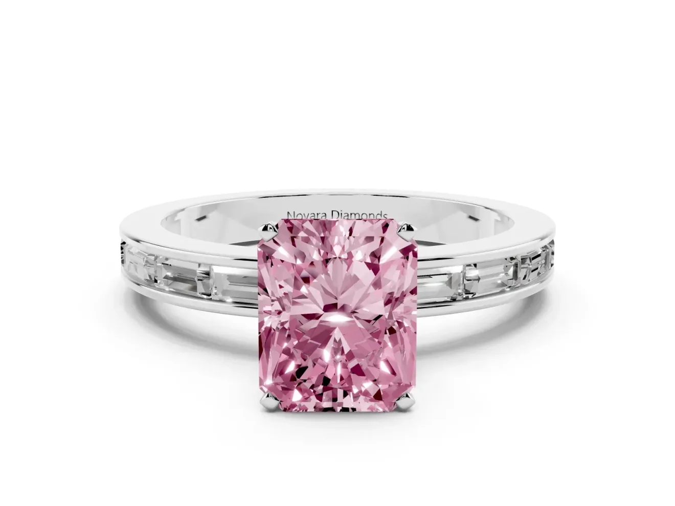 Fancy Pink Radiant Cut Diamond Solitaire Ring Set in White gold with Channel-Set Baguette Band and Prong Setting