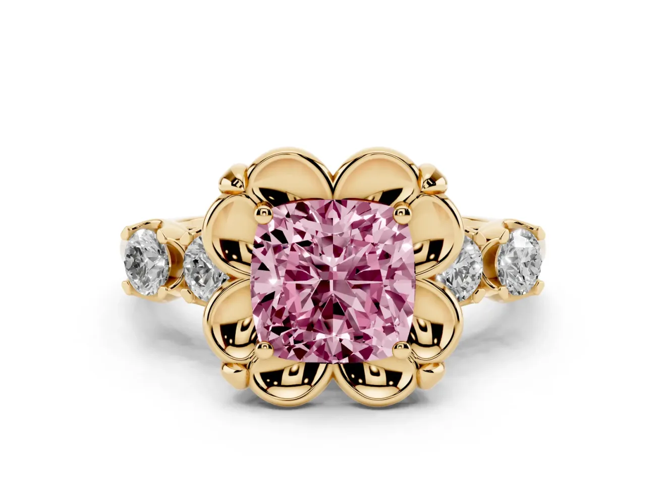 Cushion Cut Floral Engagement Ring Setting for a Fancy Pink Lab-Grown Diamond | Petal Frame | Yellow Gold