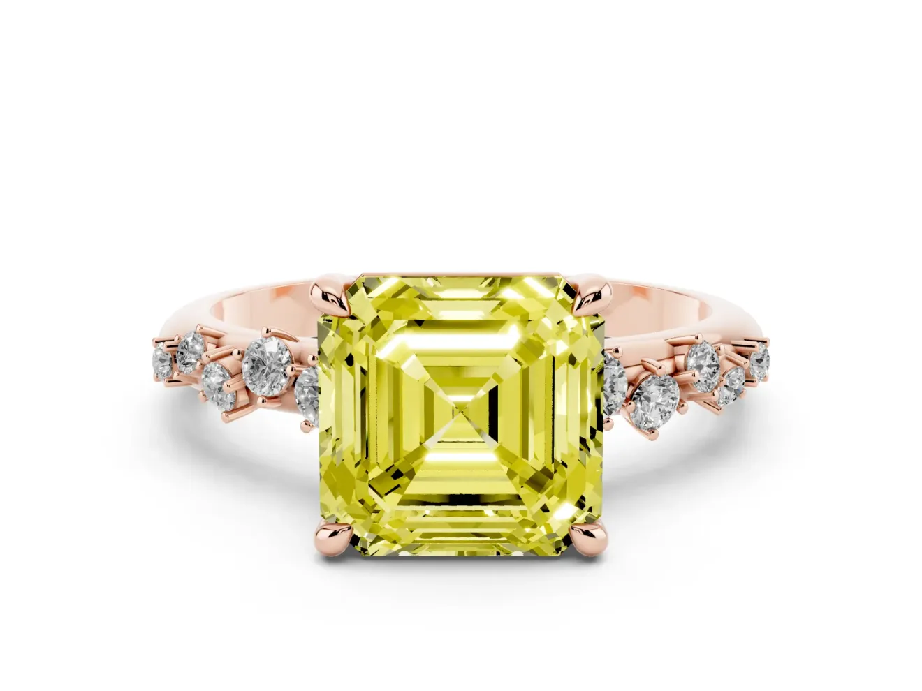 Fancy Yellow Asscher Cut Diamond Solitaire Vine Band Ring Set in Rose gold with Round Accents and Prong Setting