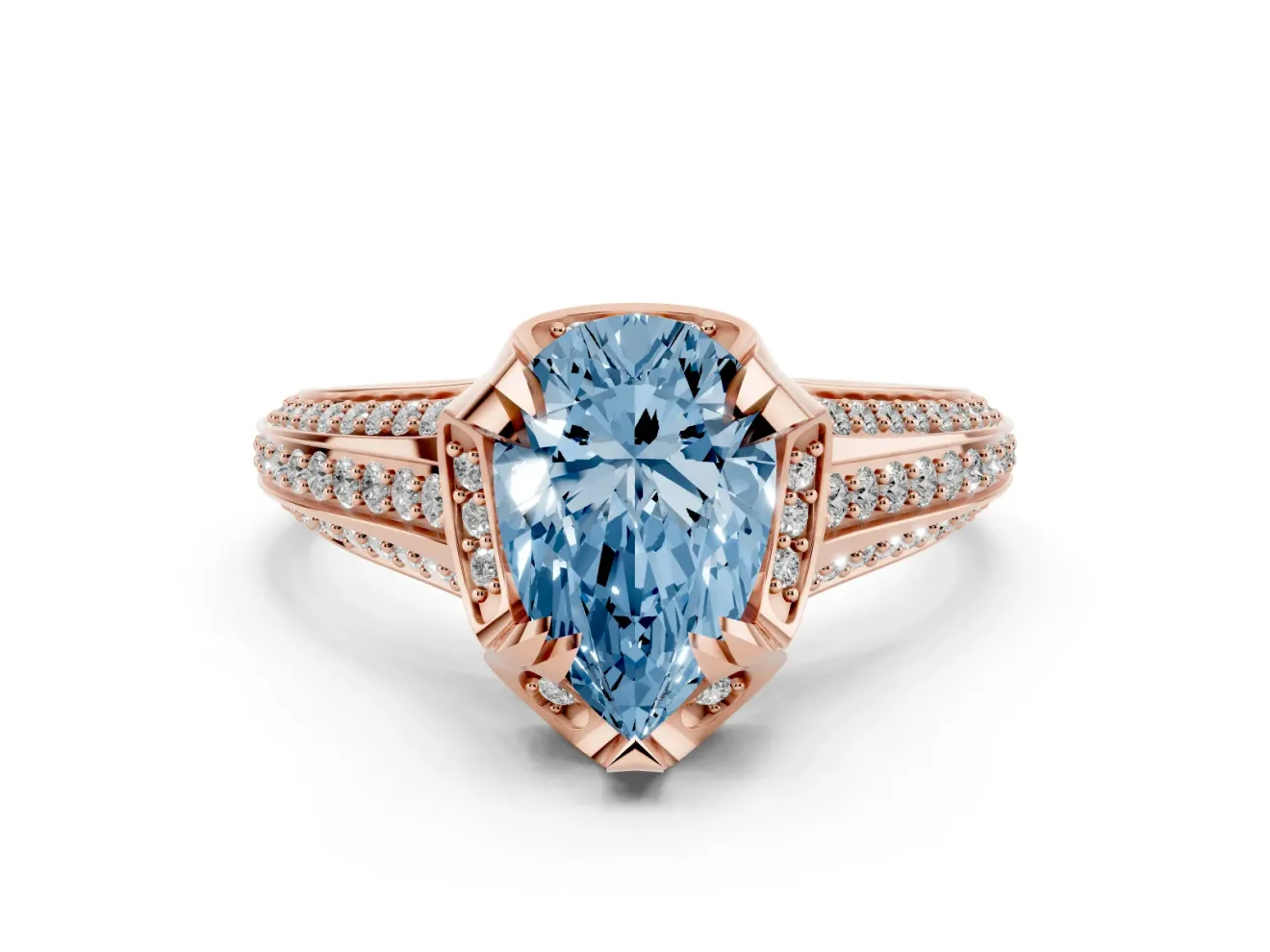 Fancy Blue Pear Cut Diamond Pavé Split Shank Solitaire Ring Set in Rose gold with Prong Setting