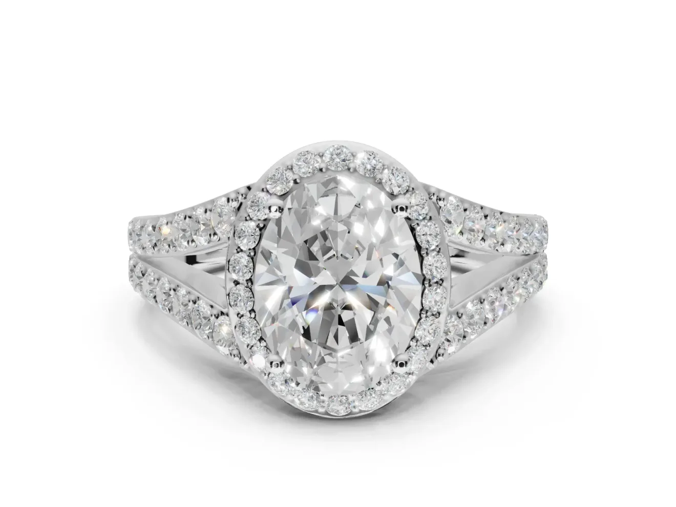 Oval Halo Pavé Engagement Ring Setting | Narrow Split Shank | White Gold