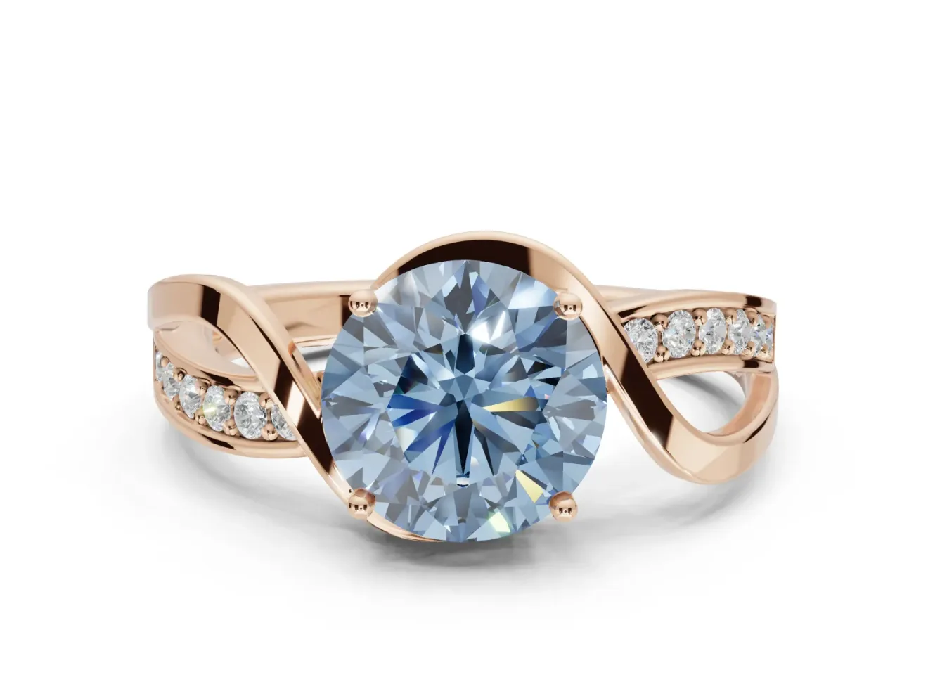 Round Bypass Solitaire Engagement Ring Setting for a Fancy Blue Lab-Grown Diamond | Pavé and Plain Strands | Rose Gold