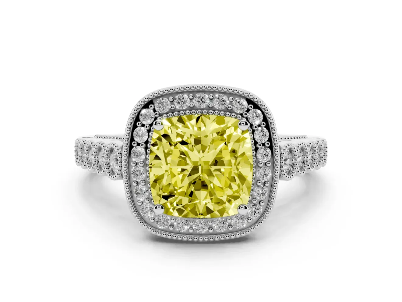 Cushion Cut Graduated Milgrain Halo Engagement Ring Setting for a Fancy Yellow Lab-Grown Diamond | White Gold