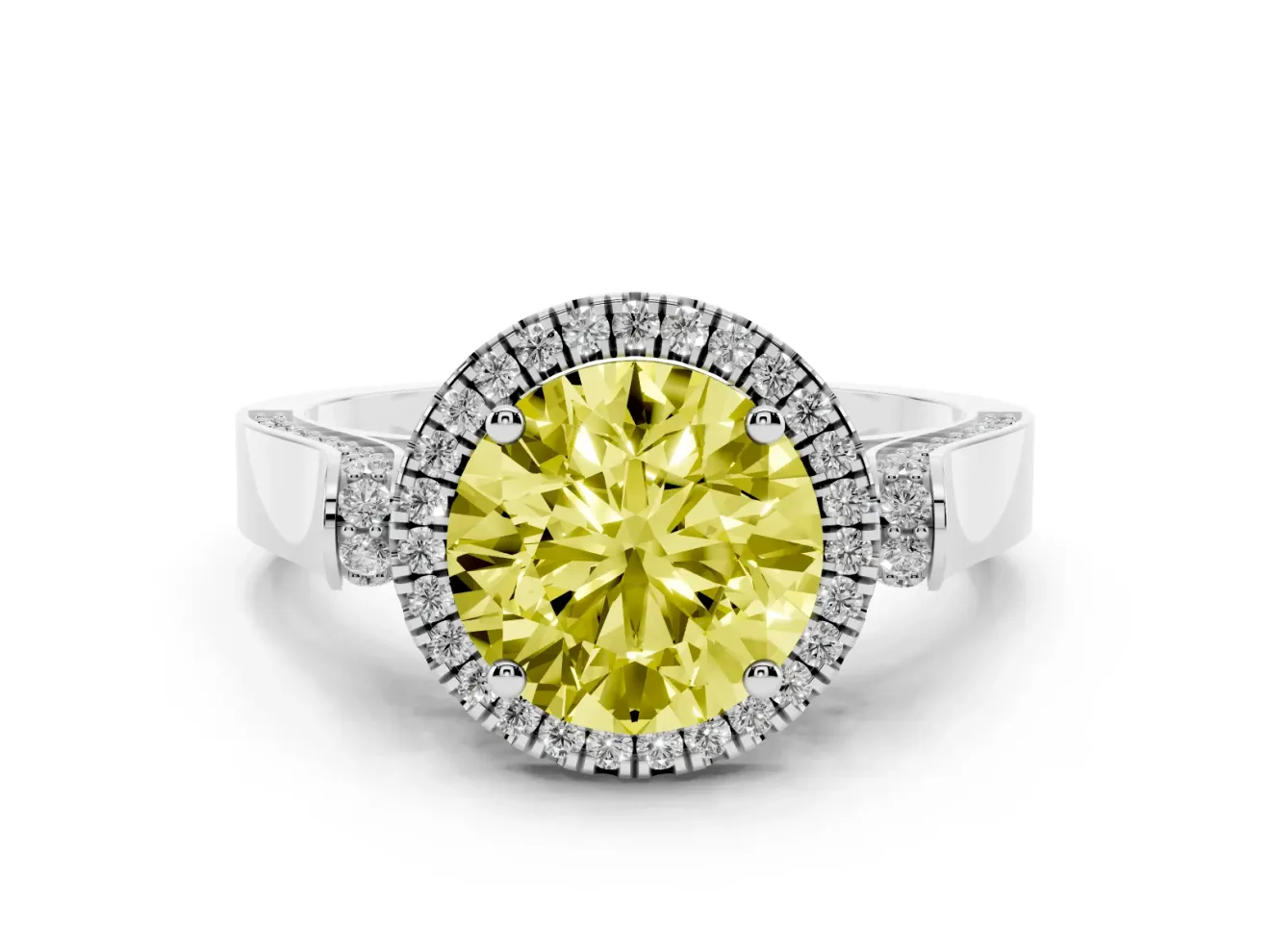 Round Halo Engagement Ring Setting for a Fancy Yellow Lab-Grown Diamond | Pavé Panel Shoulders | Sterling Silver