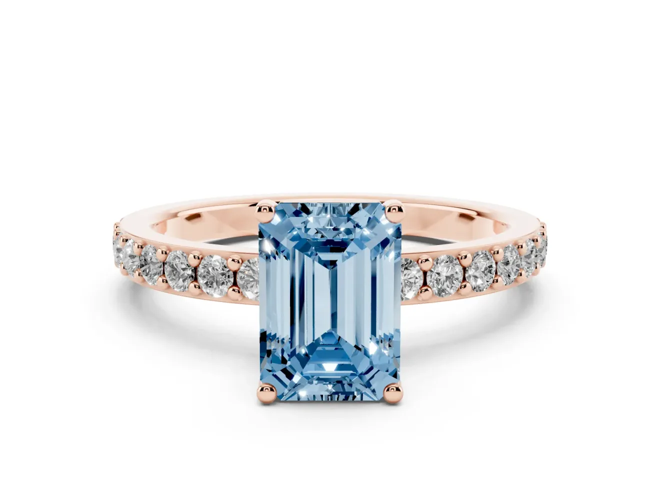Fancy Blue Emerald Cut Diamond Solitaire Set in Rose gold with Round Pavé Band and Prong Setting
