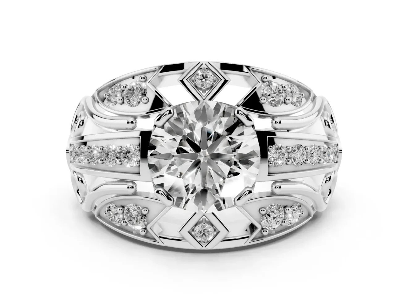 Round Art Deco Graduated Pave Engagement Ring Setting | Split Shank | White Gold