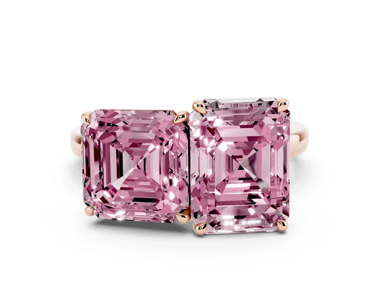 Fancy Pink Asscher Cut and Emerald Cut Toi Moi Ring Set in Rose gold with Prong Setting