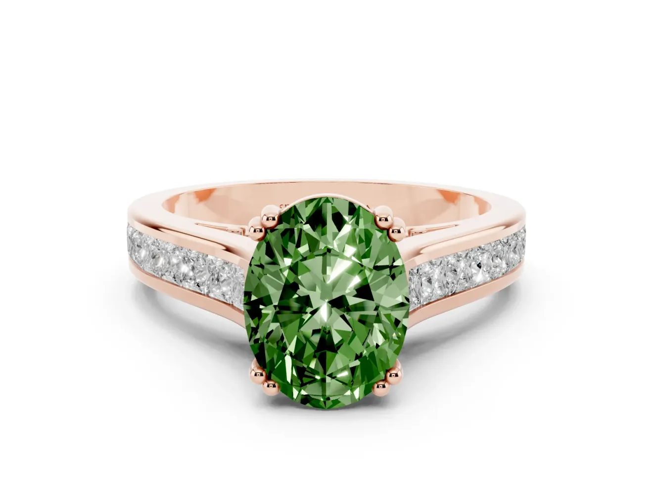 Oval Cathedral Channel Set Engagement Ring Setting for a Fancy Green Lab-Grown Diamond | Double Claw Prongs | Rose Gold