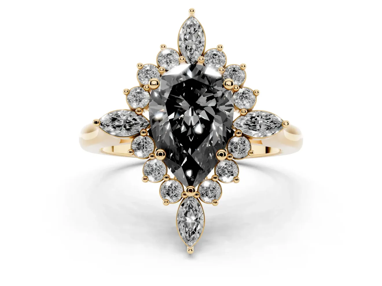 Pear-Shaped Cluster Halo Engagement Ring Setting for a Black Center | Yellow Gold