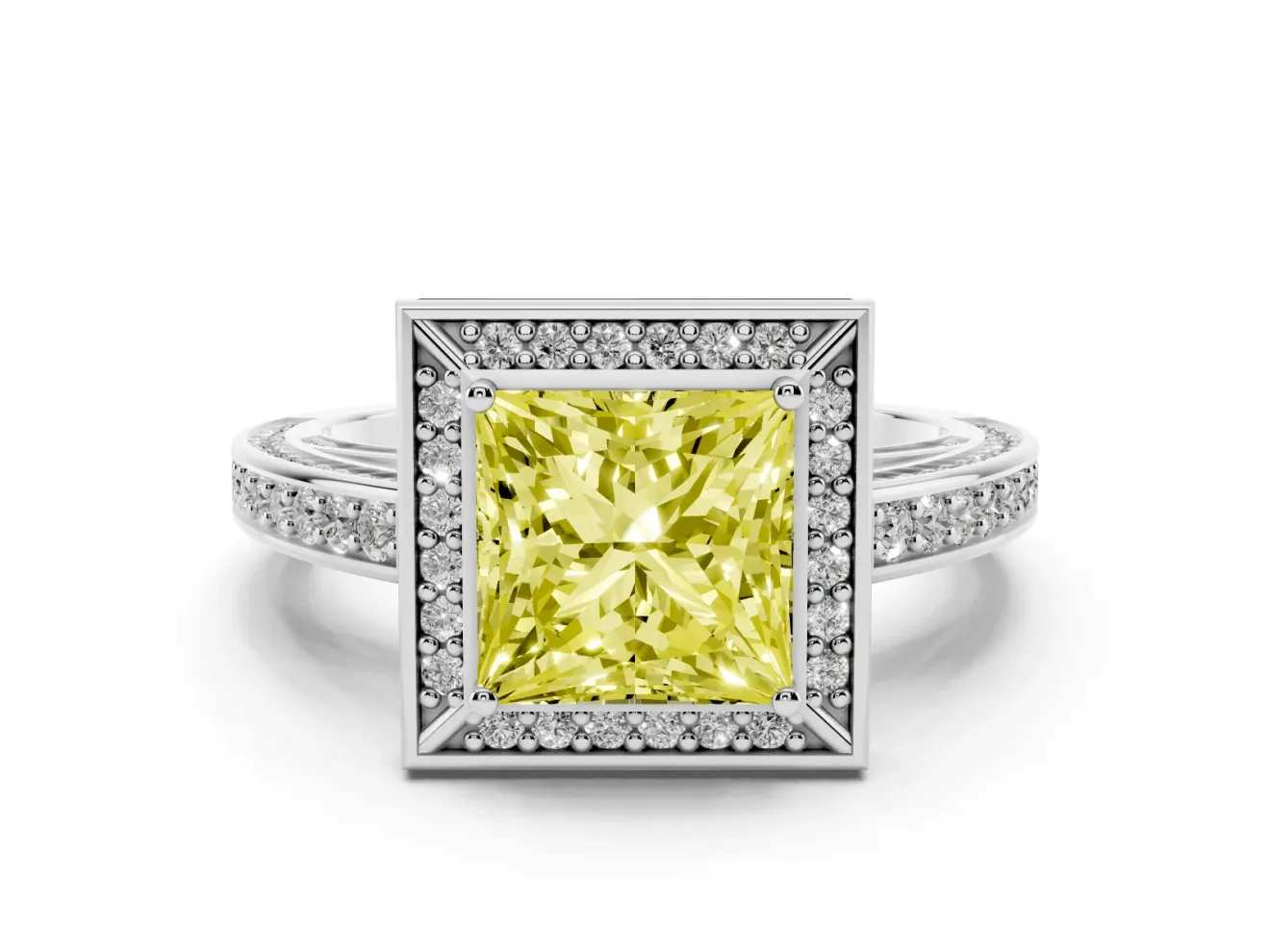 Fancy Yellow Princess Cut Diamond Halo Pavé Split Shank Ring Set in White gold with Prong Setting