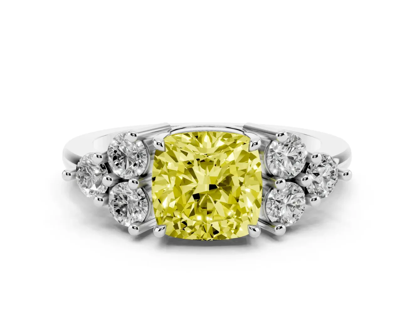 Fancy Yellow Cushion Cut Diamond Solitaire Ring Set in Silver with Cluster Accents on Each Side