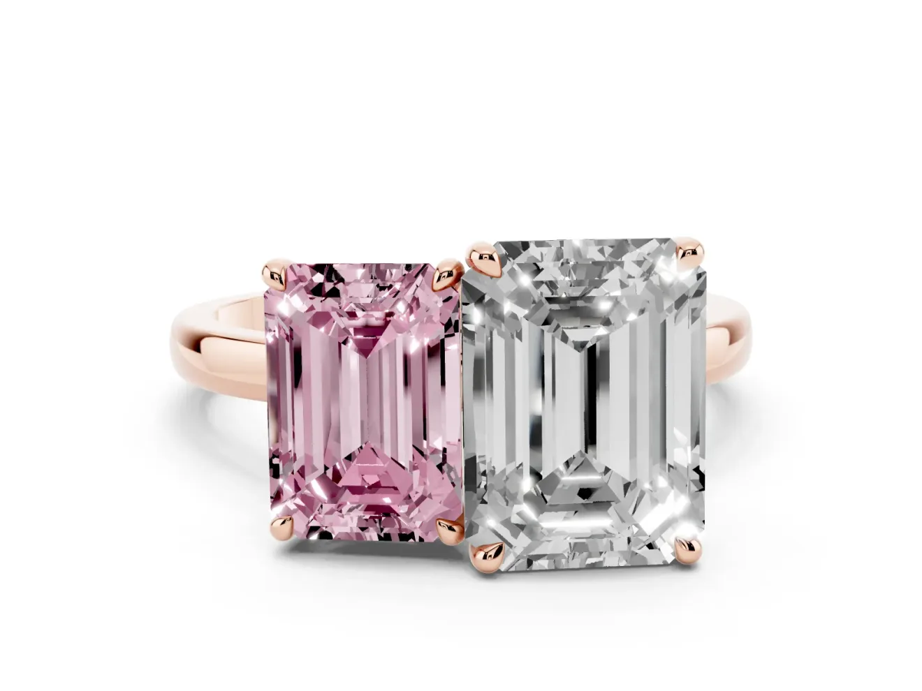 Fancy Pink Emerald Cut and Emerald Cut Toi Moi Ring Set in Rose gold with Prong Setting